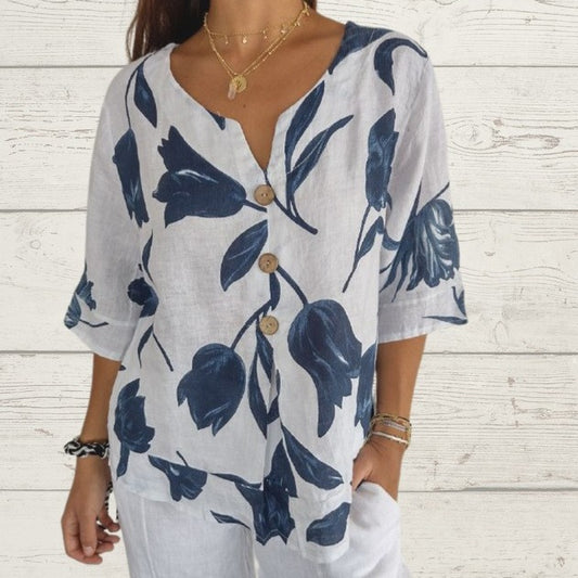 Blusa Estampada de Algodón y Lino con Cuello en V