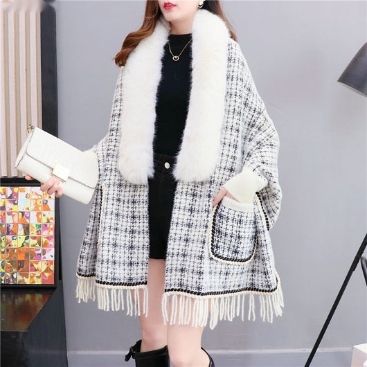 Poncho Cárdigan de Invierno con Cuello de Pelaje Sintético y Borlas - Talla Grande - Image 2