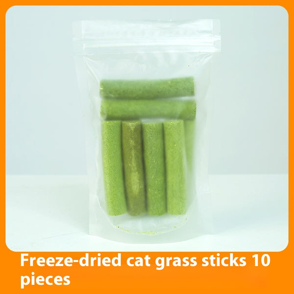 Clear plastic container of green freeze-dried cat grass chicken stick treats with a label featuring a grey cat. - Image 6