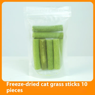 Clear plastic container of green freeze-dried cat grass chicken stick treats with a label featuring a grey cat. - Image 6