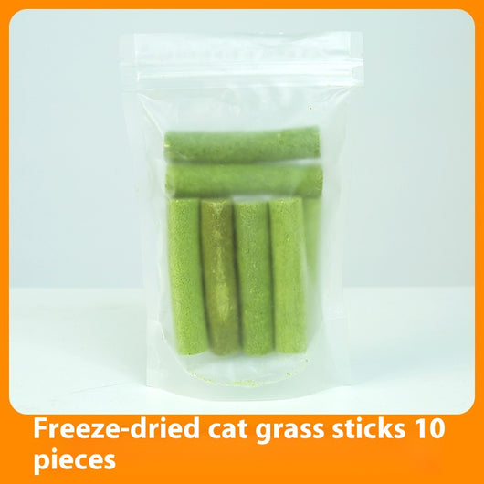 Clear plastic container of green freeze-dried cat grass chicken stick treats with a label featuring a grey cat. - Image 6