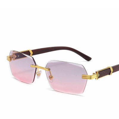 Frameless sunglasses with pink gradient lenses and dark brown wood-look temples with gold-tone accents. - Image 13