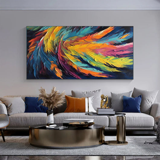 Cuadro Abstracto Hecho a Mano – Pintura al Óleo Sobre Lienzo con Diseño de Pluma Colorida - Image 3