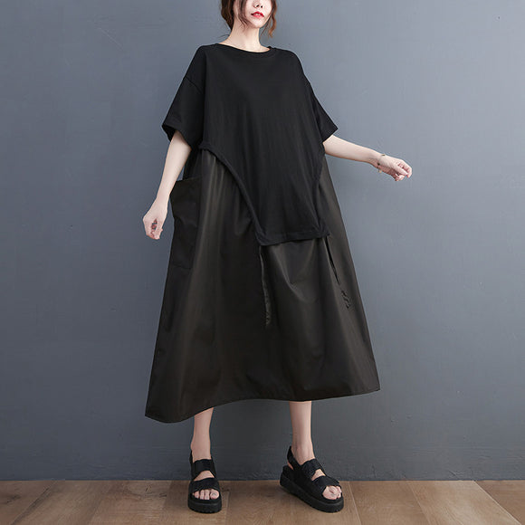 Vestido Camiseta Holgada con Cuello Redondo y Bolsillo Grande