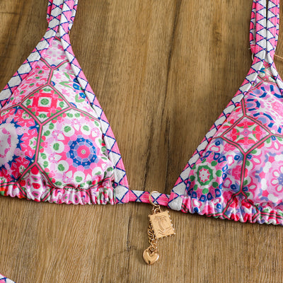 Retro 4-color printed women's bikini with red, blue, and white paisley pattern, featuring a triangle top and high-cut bottom. - Image 37