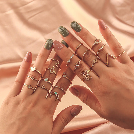 Set de 20 Anillos Geométricos Retro: Lunas, Hojas y Círculos - Image 9