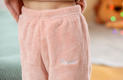 Reddish-brown coral velvet children's loungewear set with a long-sleeved top and matching pants, featuring white trim. - Image 15