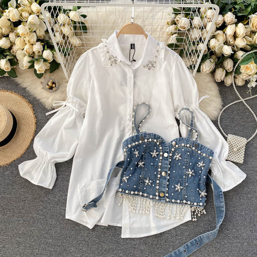 Conjunto Dos Piezas: Blusa Manga Abullonada con Detalles de Perlas y Chaleco Sling con Borlas - Image 4