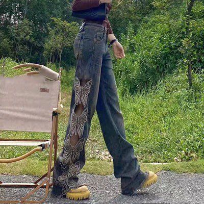 Pantalones Jeans Retro Cintura Alta para Mujer con Detalles Bordados y Recortes - Image 10