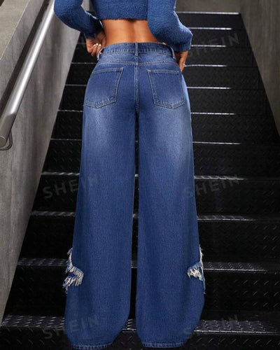 Jeans Rectos Anchos con Detalles de Parches y Flecos - Image 11