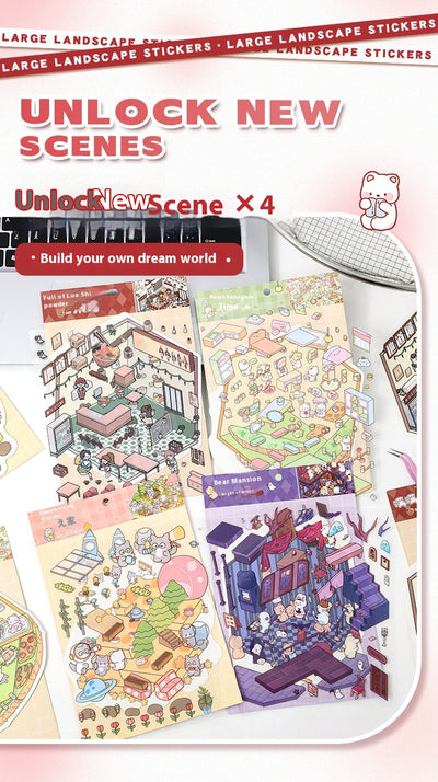 Diy Notebook Decompression Stacking Miniature Sticker set featuring a cute cartoon hot pot shop scene with animal characters. - Image 32