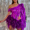Vestido Curto de Festa com Lantejoulas Roxas e Ombro Caído