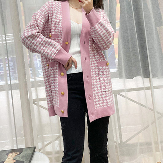 Cardigan de Punto con Patrón Pata de Gallo y Escote en V para Mujer - Image 10