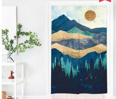 Fabric partition curtain with an abstract mountain landscape, featuring a peach sunset and flying birds, in blue, green, and cream. - Image 5
