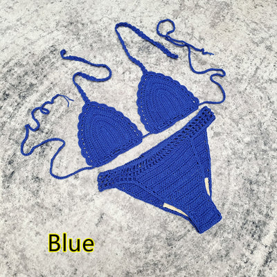 White 3-piece handmade crochet bikini set with triangle top, high-cut bottoms, and fringed mesh beach skirt. - Image 36