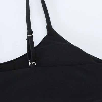 Women's black bikini three-piece set with a spaghetti strap top, matching bottoms, and sheer voile pants with blue butterfly appliques. - Image 3