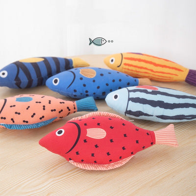 Blue star-spotted fish cat toy with orange fins and tail, 23cm long and 9cm wide, filled with catnip. - Image 18