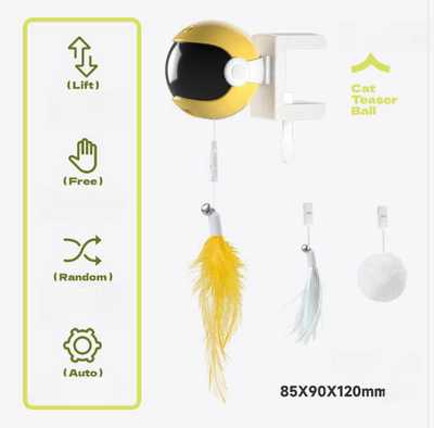 Automatic lifting cat toy with a yellow ball and white clamp, featuring interchangeable feather and pom-pom attachments. - Image 6