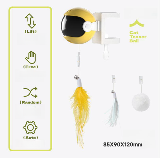 Automatic lifting cat toy with a yellow ball and white clamp, featuring interchangeable feather and pom-pom attachments. - Image 6