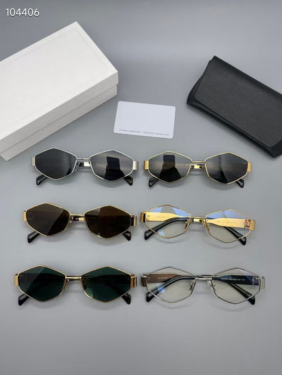 Gold metal polygon sunglasses with dark lenses, displayed with a white authenticity card and black case. - Image 15