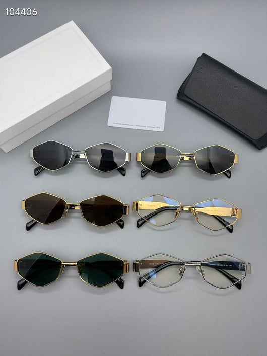 Gold metal polygon sunglasses with dark lenses, displayed with a white authenticity card and black case. - Image 15