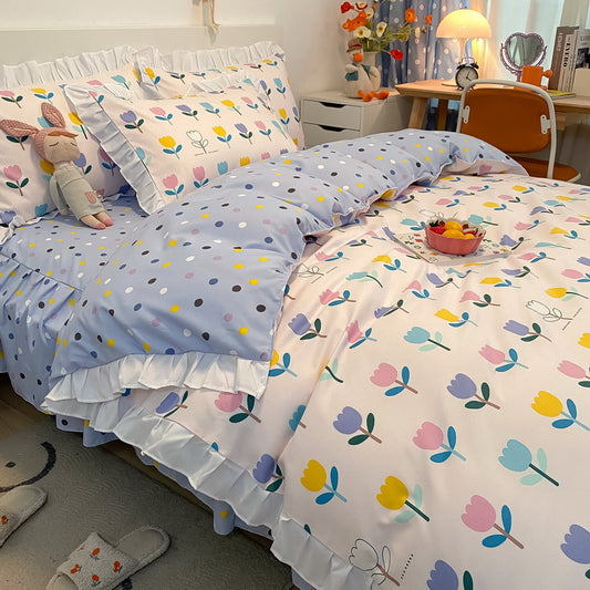 Juego de Cama Princesa 4 Piezas Estilo Coreano con Encaje