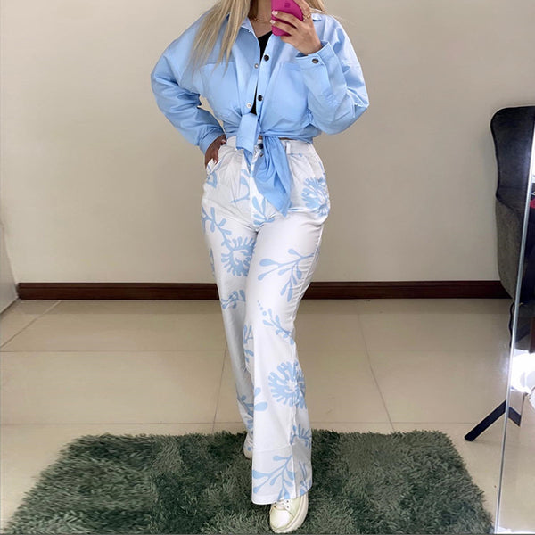 Conjunto Elegante de Blusa y Pantalón Largo con Solapa - Estilo Casual Sofisticado