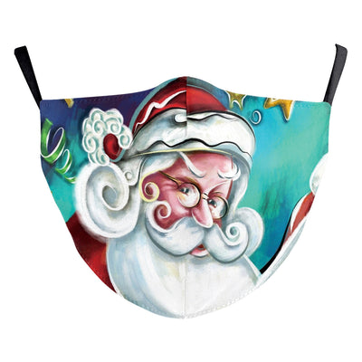 Christmas Santa Claus dustproof face mask with a red hat, white beard, and glasses on a blue and green background. - Image 27
