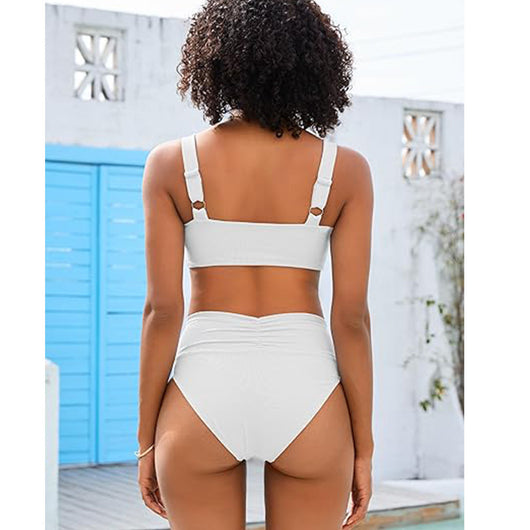 White pleated bikini with wide shoulder straps and high-waisted ruched bottom on a model. - Image 14
