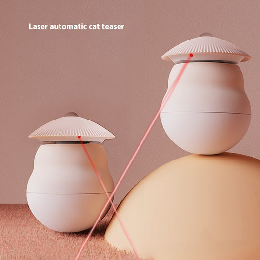 Two pink intelligent electric cat toy tumblers with ribbed tops and red laser emitters, set against a minimalist pink background. - Image 2
