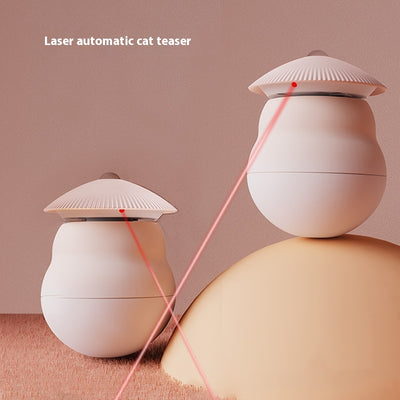 Two pink intelligent electric cat toy tumblers with ribbed tops and red laser emitters, set against a minimalist pink background. - Image 2