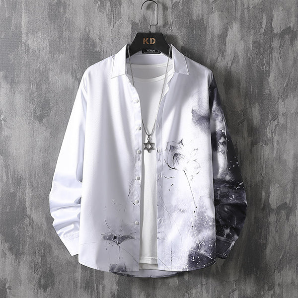 Camisa de Manga Larga con Estampado Artístico Tinta China - Diseño Trendy para Hombre