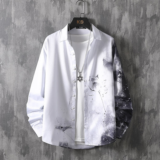 Camisa de Manga Larga con Estampado Artístico Tinta China - Diseño Trendy para Hombre