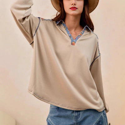 Sudadera Holgada Estilo Francés con Solapa y Patchwork para Mujer - Image 2