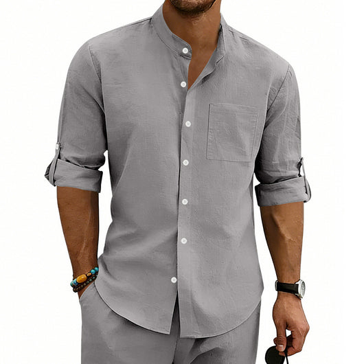 Camisa de Lino Estilo Americano con Cuello Mao y Mangas Medianas para Hombre - Image 12