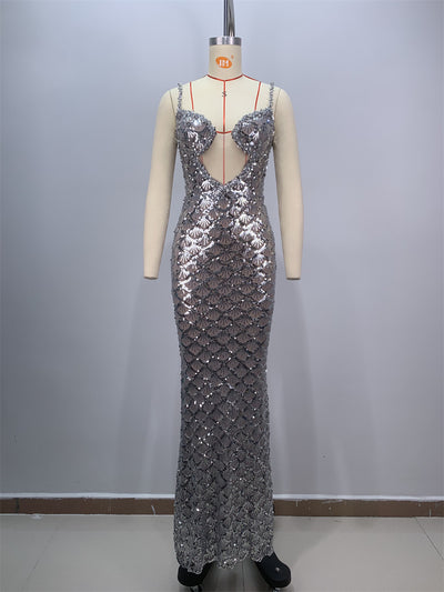 Vestido Largo Elegante Espalda Descubierta con Lentejuelas y Tirantes - Image 6