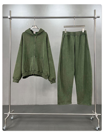 Men's pink washed full-zip hooded jacket and matching sweatpants set, featuring a relaxed fit and drawstring details. - Image 32