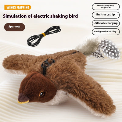 Electric simulation bird cat toy with black and white speckled plush body, olive green head, and feathered tail. Includes a black sling for hanging and USB char - Image 5