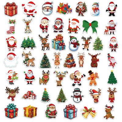 50-piece pack of cartoon Christmas waterproof stickers featuring Santa Claus, reindeer, snowmen, and gift boxes. - Image 6