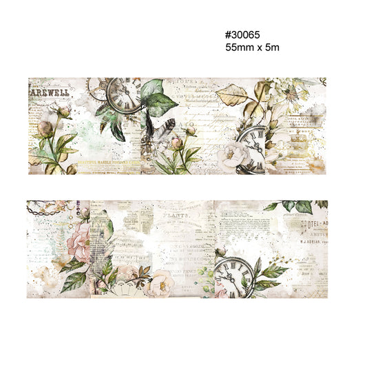 Two rolls of vintage floral washi tape with clocks, feathers, and text overlays, measuring 55mm x 5m. - Image 26