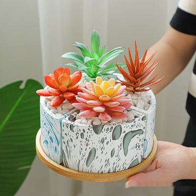 Maceta de Cerámica con Diseño Floral y Bandeja de Bambú - Image 7