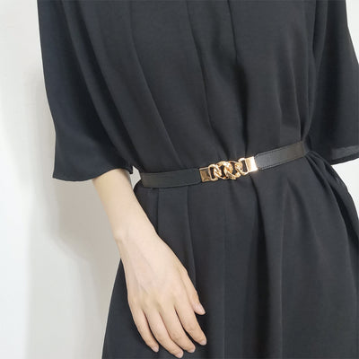 Black elastic belt for women with a gold-tone chain link buckle, perfect for dresses and shirts. - Image 3