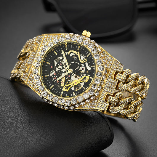 Reloj Automático Hip Hop con Cadena Cubana de Diamantes Completos y Eslabón Hueco - Image 7