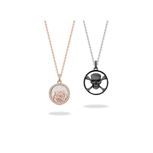 Collar de Pareja Calavera Rosa Plata de Ley - Diseño Alternativo y Personalizado - Image 2