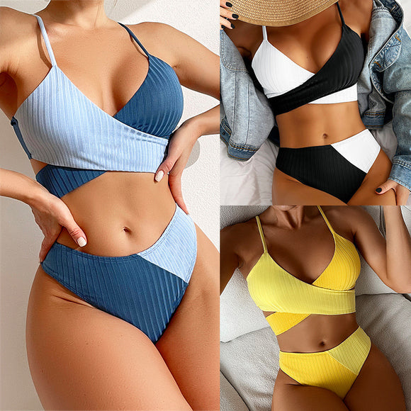 Bikini Patchwork Fruncido con Nudo Trasero - Traje de Baño Acanalado para Mujer