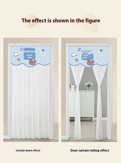Double-layer blackout doorway curtain with a light blue top featuring a cartoon bear and "LUCK DAY!" text. - Image 51