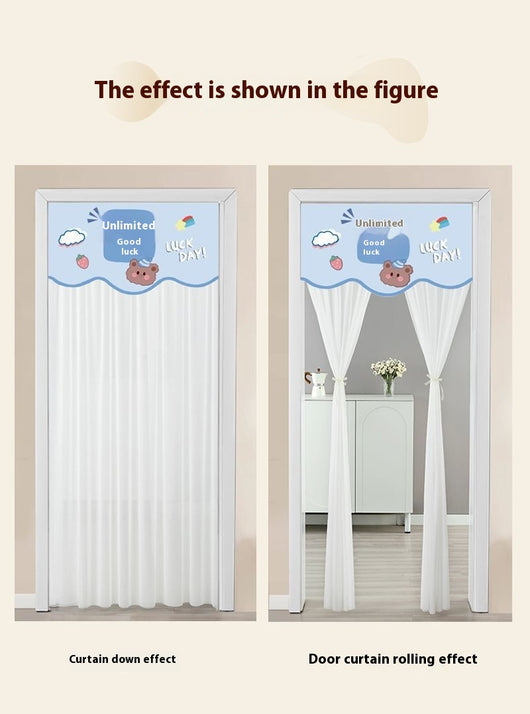 Double-layer blackout doorway curtain with a light blue top featuring a cartoon bear and "LUCK DAY!" text. - Image 51