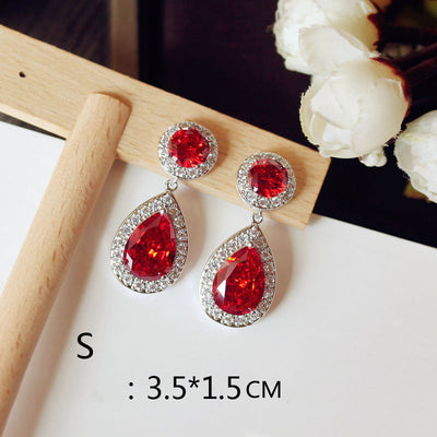 Aretes Largos de Novia con Rubí Rojo Paloma Talla Cuadrada Redonda