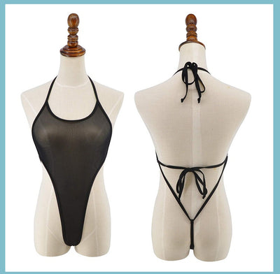 Sheer white high-cut one-piece swimsuit with spaghetti straps modeled on a woman. - Image 13