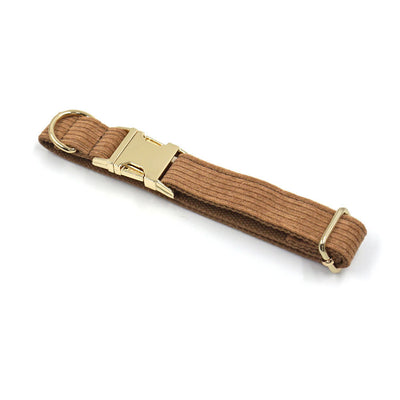 Brown corduroy pet harness with gold-colored metal quick-release buckle and D-rings, shown on a white background. - Image 26